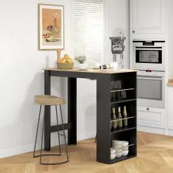 Mesa Alta de Bar Mesa de Cocina con 3 Estantes Marco de Madera Estilo Moderno 112x57x106 cm Negro y Natural - Ogal.Es
