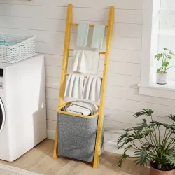 Estantería para Baño de Bambú Toallero de Pie con 3 Barras Cesto para Ropa Sucia Extraíble de 48 L Gris - Ogal.Es