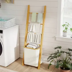 Estantería para Baño de Bambú Toallero de Pie con 3 Barras Cesto para Ropa Sucia Extraíble de 48 L Crema - Ogal.Es