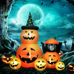 Calabaza Inflable de Halloween con Gato de 6 Pies con Luces LED IP44 e Inflador para Fiestas 160x100x180 cm Naranja - Ogal.Es