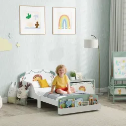 Cama infantil para Niños de +3 Años 70x140 cm de Madera con Almacenaje y Dibujo de León para Dormitorio Verde - Ogal.Es