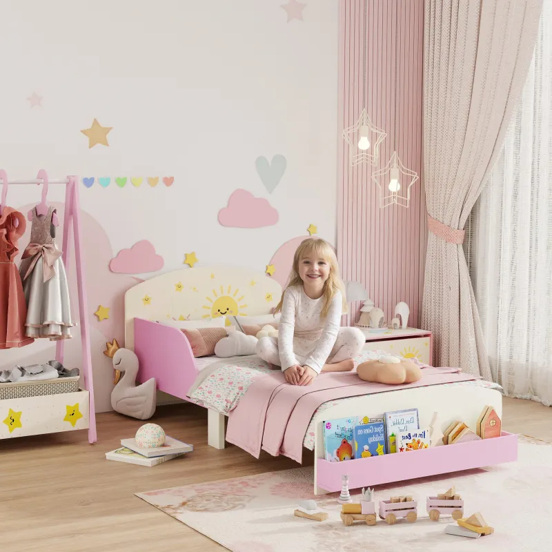 Cama infantil para Niños de +3 Años 70x140 cm de Madera con Almacenaje y Dibujos de Estrellas para Dormitorio Rosa - Ogal.Es