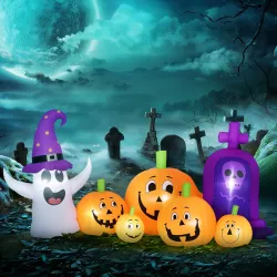 Calabaza Inflable de Halloween con Fantasma Lápida con Luces LED IP44 e Inflador para Fiestas 240x130x130 cm Mul... - Ogal.Es