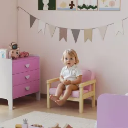 Sillón Infantil con Tejido Suave de Pana y Estructura de Madera Asiento y Respaldo Acolchado 46,5x44x45 cm Rosa - Ogal.Es