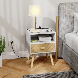 Mesilla de Noche con Estación de Carga Cajón 2 Tomas AC Puerto USB Tipo-C Compartimento Abierto Patas de Madera ... - Ogal.Es