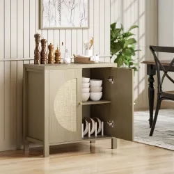 Aparador de Cocina con 2 Puertas de Ratán Estante Ajustable y 2 Tiradores 75x38x77 cm Madera Natural - Ogal.Es