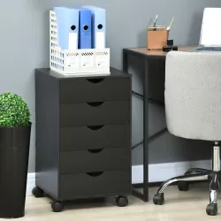Cajonera de Oficina con Ruedas y 5 Cajones, Mueble Archivador para Estudio y Salón, 40x40x68,5 cm, Negro - Ogal.Es