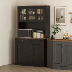 Alacena de Cocina con 3 Puertas de Vidrio Compartimento Abierto 2 Cajones y Estantes Ajustables 100x40x180 cm Negro - Ogal.Es