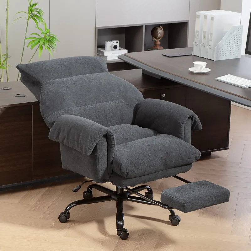 Silla de Escritorio con Reposapiés Respaldo Reclinable y Alto Asiento y Reposabrazos Anchos Acolchado Grueso Gri... - Ogal.Es