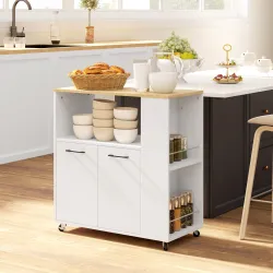 Carrito de Cocina con Ruedas 2 Puertas Estante Ajustable Especieros para Comedor 75x40x80,5 cm Blanco - Ogal.Es
