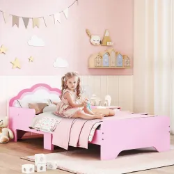 Cama Infantil 70x140 cm con Barrera Anticaídas y Somier Cabecero en Forma de Nube Rosa - Ogal.Es