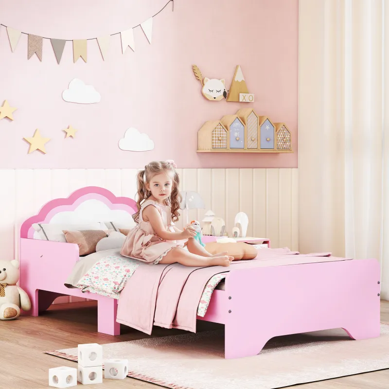 Cama Infantil 70x140 cm con Barrera Anticaídas y Somier Cabecero en Forma de Nube Rosa - Ogal.Es