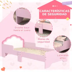 Cama Infantil 70x140 cm con Barrera Anticaídas y Somier Cabecero en Forma de Nube Rosa - Ogal.Es