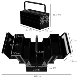 Caja de Herramientas Metálica Plegable con 5 Bandejas y Asa para Taller Garaje 45x20x34,5 cm Negro - Ogal.Es