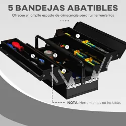 Caja de Herramientas Metálica Plegable con 5 Bandejas y Asa para Taller Garaje 45x20x34,5 cm Negro - Ogal.Es