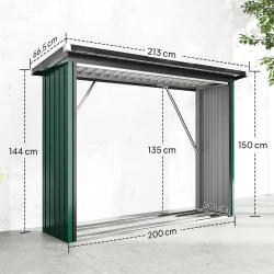 Casetilla para Leña de Acero Galvanizado con Base Elevada y Techo Inclinado 213x66,5x150 cm Verde - Ogal.Es