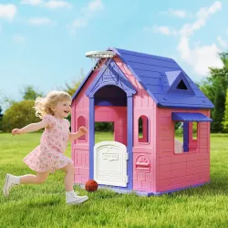Casita Infantil Exterior e Interior 3 en 1 con Lanzamiento de Aros Baloncesto para Niños de 2-5 Años Rosa y Morado - Ogal.Es