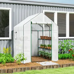Invernadero de Exterior con 6 Estantes Puerta Enrollable Cubierta de PE y Marco de Acero 140x143x190 cm Blanco - Ogal.Es