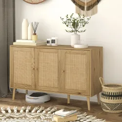 Aparador para Salón Bohemio con Puertas de Ratán y Estantes Ajustables 120x40x75 cm Madera Natural - Ogal.Es