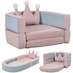 Sofá Infantil Convertible en Cama y Zona de Juego con Cojín de Corona 116x61x14 cm Rosa y Azul Grisáceo - Ogal.Es