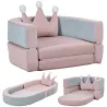 Sofá Infantil Convertible en Cama y Zona de Juego con Cojín de Corona 116x61x14 cm Rosa y Azul Grisáceo - Ogal.Es