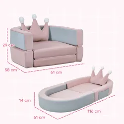Sofá Infantil Convertible en Cama y Zona de Juego con Cojín de Corona 116x61x14 cm Rosa y Azul Grisáceo - Ogal.Es