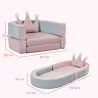 Sofá Infantil Convertible en Cama y Zona de Juego con Cojín de Corona 116x61x14 cm Rosa y Azul Grisáceo - Ogal.Es