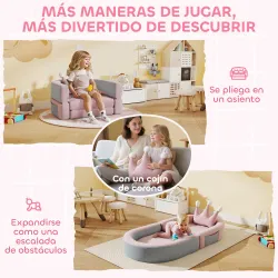 Sofá Infantil Convertible en Cama y Zona de Juego con Cojín de Corona 116x61x14 cm Rosa y Azul Grisáceo - Ogal.Es