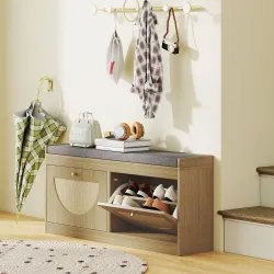 Banco Zapatero con Asiento Acolchado Puertas Frentes de Ratán Estante Ajustable para 8 Pares de Zapatos Natural - Ogal.Es