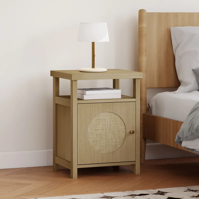 Mesita de Noche con Puerta de Ratán Mesilla de Noche con Estante Abierto y Compartimento 40x35x55 cm Madera Natural - Ogal.Es