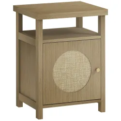 Mesita de Noche con Puerta de Ratán Mesilla de Noche con Estante Abierto y Compartimento 40x35x55 cm Madera Natural - Ogal.Es