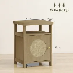 Mesita de Noche con Puerta de Ratán Mesilla de Noche con Estante Abierto y Compartimento 40x35x55 cm Madera Natural - Ogal.Es