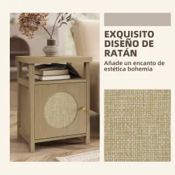 Mesita de Noche con Puerta de Ratán Mesilla de Noche con Estante Abierto y Compartimento 40x35x55 cm Madera Natural - Ogal.Es