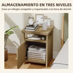 Mesita de Noche con Puerta de Ratán Mesilla de Noche con Estante Abierto y Compartimento 40x35x55 cm Madera Natural - Ogal.Es