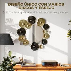 Adorno de Pared Metálico con Espejo Decorativo para Salón Dormitorio Pasillo 84x84 cm Dorado y Negro - Ogal.Es