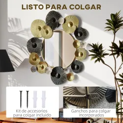 Adorno de Pared Metálico con Espejo Decorativo para Salón Dormitorio Pasillo 84x84 cm Dorado y Negro - Ogal.Es