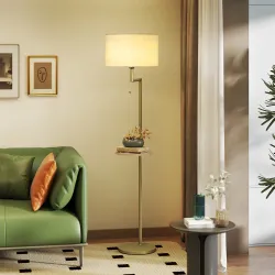 Lámpara de Pie Moderna con Estante Pantalla de Lino Interruptor de Cadena y Puerto USB Ø40x170 cm para Salón Dorado - Ogal.Es
