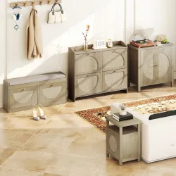 Zapatero Estrecho con 4 Puertas de Ratán con Estantes Ajustables para 16 Pares de Zapatos 104,5x24x88 cm Natural - Ogal.Es