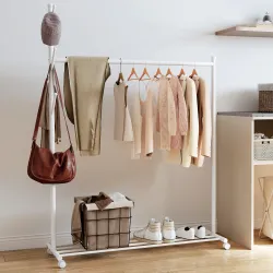 Burro para Ropa con Ruedas 5 Ganchos Barra para Colgar y Balda Inferior para Recibidor Entrada 120x43x171 cm Blanco - Ogal.Es