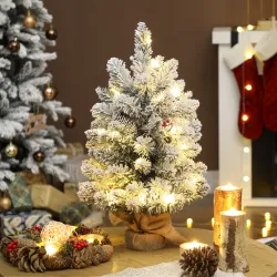 Mini Árbol de Navidad Artificial 60 cm con 35 Luces LED 72 Ramas Densas con Nieve Adornos y Base de Arpillera Verde - Ogal.Es