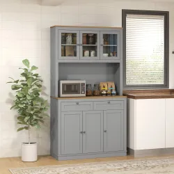 Alacena de Cocina con 3 Puertas de Vidrio Compartimento Abierto 2 Cajones y Estantes Ajustables 100x40x180 cm Gris - Ogal.Es
