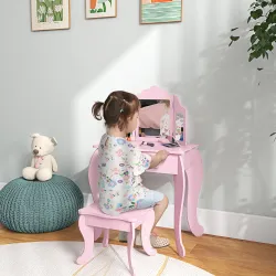 Tocador Infantil con Taburete y Espejo Ajustable Tocador para Niñas de 3-6 Años con Cajón Rosa - Ogal.Es