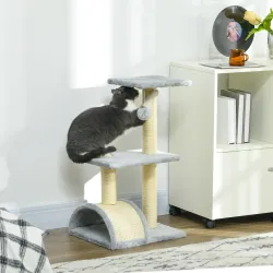 Árbol Rascador para Gatos Mediano de 3 Niveles con Rascador en Arco Plataformas Postes y Bola 40x35x72 cm Gris C... - Ogal.Es