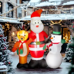 Papá Noel Inflable 150 cm con Reno y Muñeco de Nieve Luces LED e Inflador Eléctrico para Exterior Jardín Césped - Ogal.Es