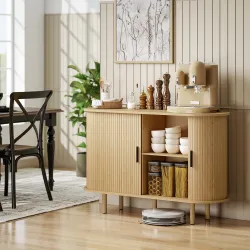 Aparador con Puertas Tambour Deslizantes 4 Compartimentos y Patas de Madera 120x40x78 cm Roble - Ogal.Es