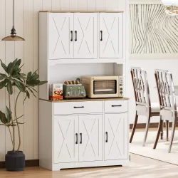 Alacena de Cocina con 6 Puertas Encimera para Microondas 2 Cajones Estantes Ajustables Orificio para Cable Blanco - Ogal.Es