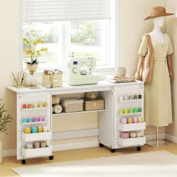 Mesa de Costura Plegable con 6 Ruedas 20 Clavijas para Hilos 4 Compartimentos Estante Blanco - Ogal.Es