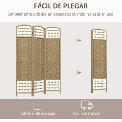 Biombo Separador de Ambientes de 3 Paneles Plegable de Cuerda de Papel 120x170cm Decoración para Dormitorio Natural - Ogal.Es