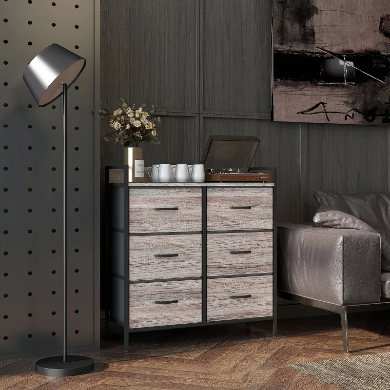Cómoda con 6 Cajones Plegables Cajonera de Tela con Estructura de Acero Estilo Industrial 79x29x85 cm Gris - Ogal.Es