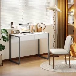 Escritorio con 2 Cajones 100x50x75 cm Mesa de Ordenador Patas de Acero para Casa Espacios Pequeños Blanco Brillante - Ogal.Es
